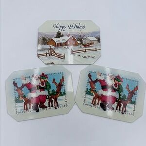 Set of 3 Vintage Antique Tin Series “Hot Dish" Mats Trivets Holiday Santa 1985